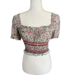 Floral Milkmaid Smocked Crop Top Boho Cottagecore Peasant Blouse Puff‎ Sleeve Lg